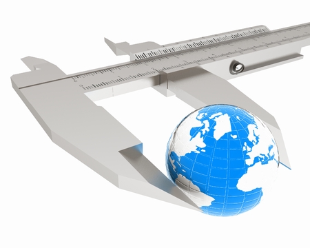 Vernier caliper measures the Earth. Global 3d concept on a white backgroundの写真素材