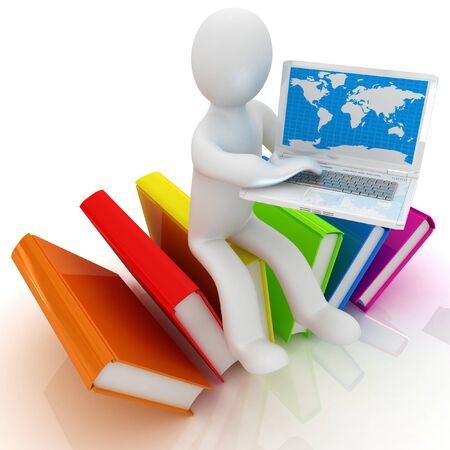 3d man in hard hat sitting on books and working at his laptop on a white backgroundの写真素材