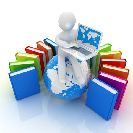 3d man sitting on earth and working at his laptop and books around his on a white backgroundの写真素材