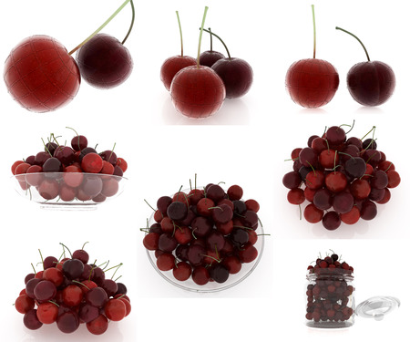 Set of fresh cherries on a white の写真素材