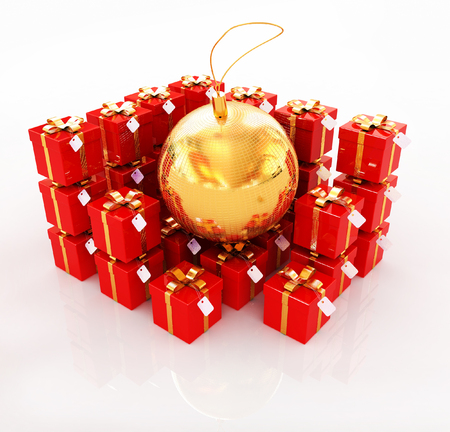 Bright christmas gifts and toy on a white backgroundの写真素材