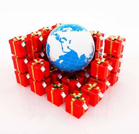 Traditional Christmas gifts and earth on a white background. Global holiday conceptの写真素材