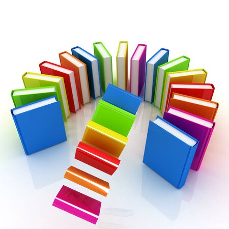 Colorful books flying on a white backgroundの写真素材
