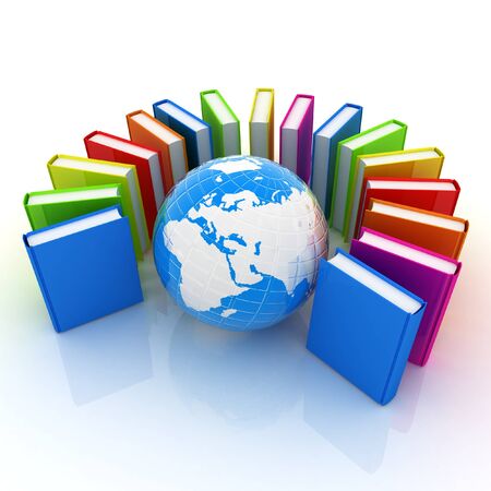 Colorful books and earth on a white backgroundの写真素材