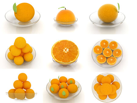 Set of half orange on a glass plate on a white の写真素材