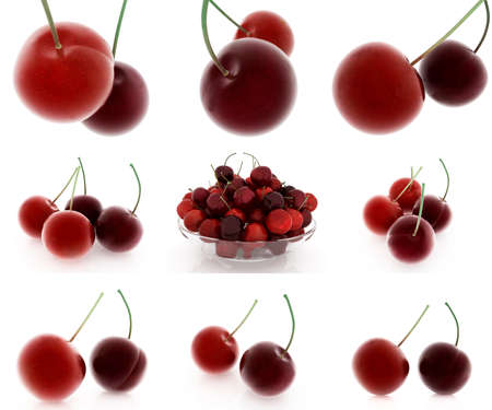 Set of fresh cherries on a white の写真素材