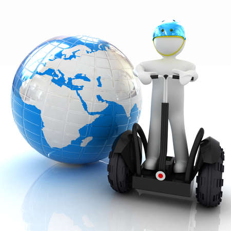 3d white person riding on a personal and ecological transport and earth.Global ecology and healthy life concept.3d image. の写真素材