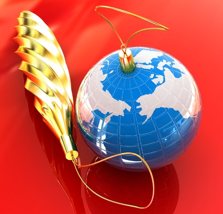Traditional Christmas toys on a reflective background  Global holiday conceptの写真素材