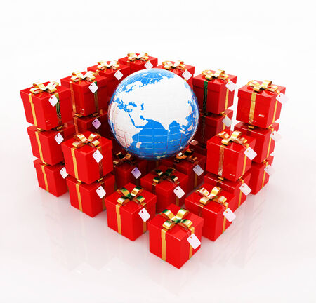 Traditional Christmas gifts and earth on a white background  Global holiday conceptの写真素材