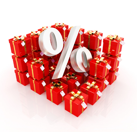 Percentage and gifts on a white backgroundの写真素材