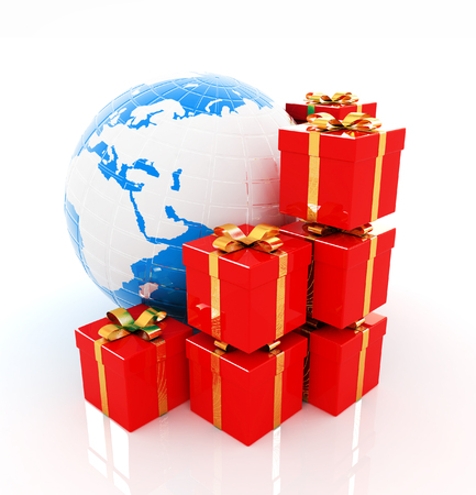 Traditional Christmas gifts and earth on a white background. Global holiday concept の写真素材