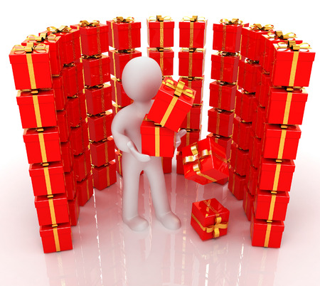 Ð½Ð° Ð±ÐµÐ»Ð¾Ð¼ ÑÐ¾Ð½Ðµ 3d man and red gifts with gold ribbon on a white backgroundの写真素材