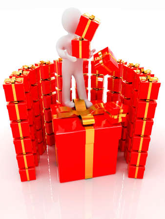 3d man and red gifts with gold ribbon on a white backgroundの写真素材