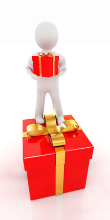 3d man and red gifts with gold ribbon on a white backgroundの写真素材