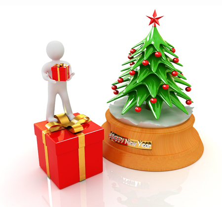 3D human, gift and Christmas tree on a white backgroundの写真素材