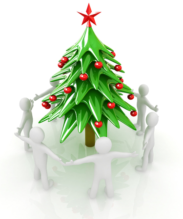 3D human around Christmas tree on a white backgroundの写真素材