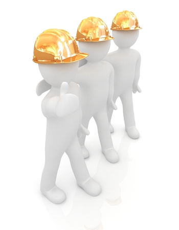 3d mans in a hard hat with thumb up. On a white background の写真素材