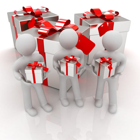 3d mans and gifts with red ribbon on a white background の写真素材