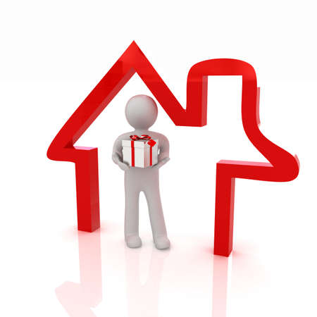 Presentation of new house. 3d man holds the gift, and is within the red icon house の写真素材