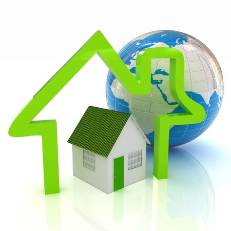 3d green house, earth and icon house on white background の写真素材