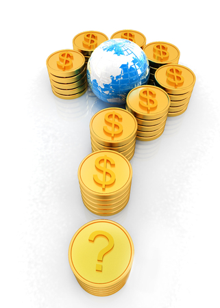 Question mark in the form of gold coins with dollar sign on a white backgroundの写真素材