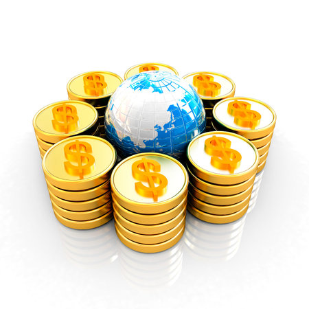 Gold dollar coin stack around the Earth isolated on white の写真素材