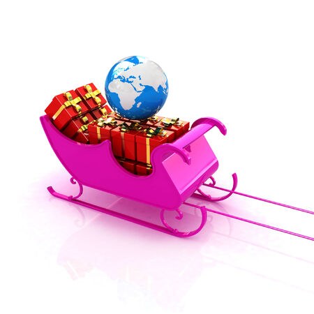 Christmas Santa sledge with gifts on a white background の写真素材