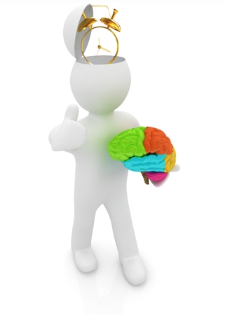 3d people - man with half head, brain and trumb up. Time concept with clockの写真素材
