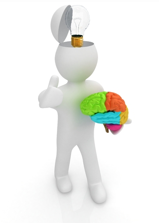 3d people - man with half head, brain and trumb up. Idea conceptの写真素材
