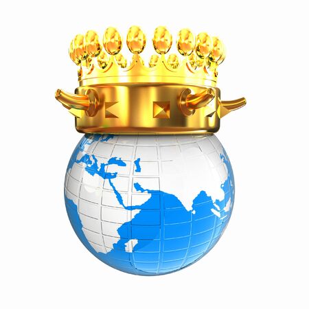 Gold crown on earth isolated on white background の写真素材