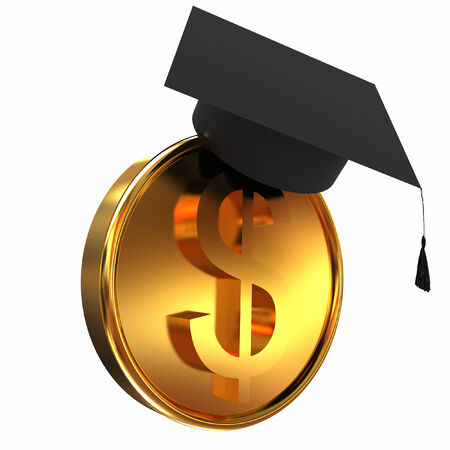 Graduation hat on gold dollar coinの写真素材