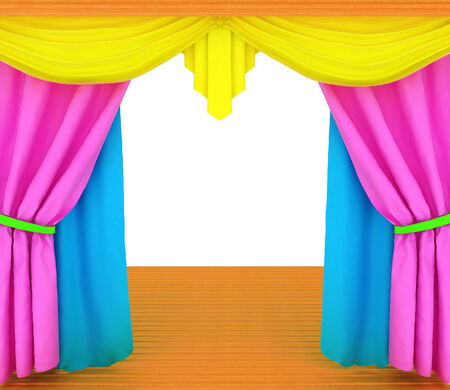 Colorfull curtains and wooden scene floor の写真素材