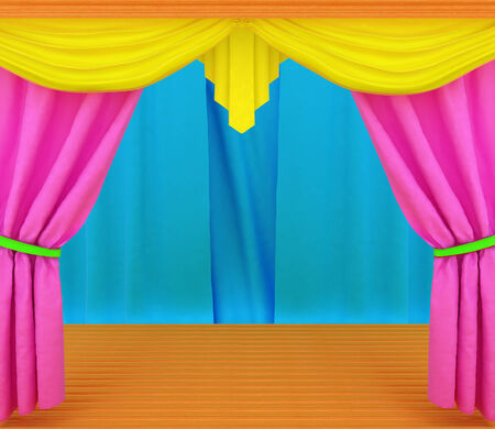 Colorfull curtains and wooden scene floor の写真素材