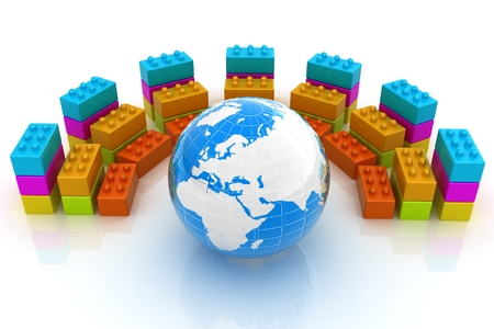 Building blocks efficiency concept on white. Globall with earthの写真素材