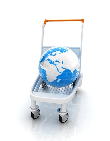 Trolley for luggage at the airport and earth. International tourism conceptの写真素材