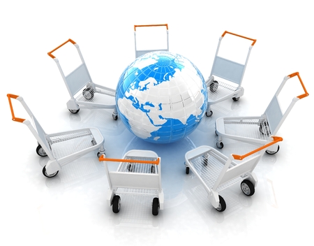 Trolley for luggage at the airport and earth. International tourism conceptの写真素材