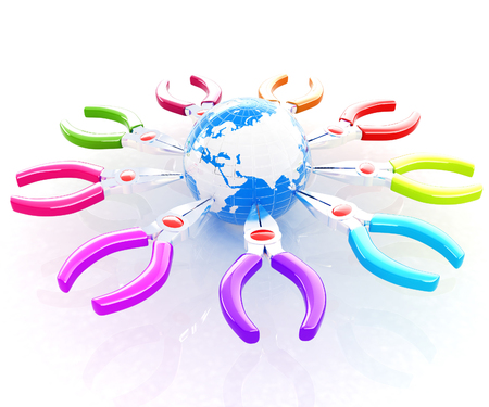 Colorful pliers to work and earth. Global tools conceptの写真素材