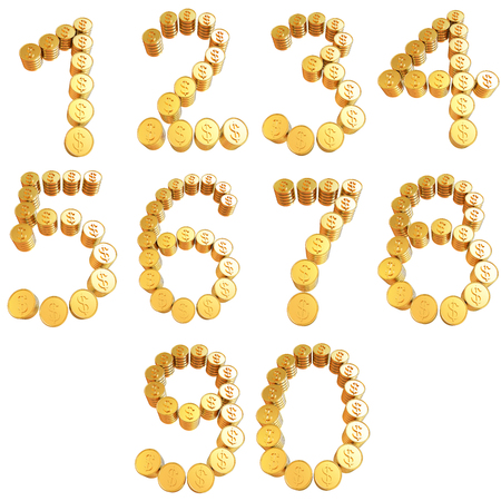 Numbers of gold coins with dollar sign isolated on white backgroundの写真素材