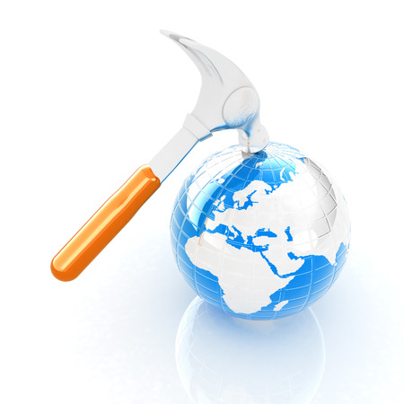 Hammer and earth on white background の写真素材