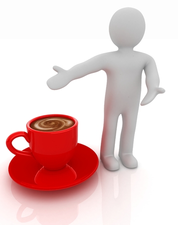 3d people - man, person presenting - Mug of coffee with milkの写真素材