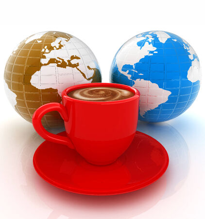 Mug of coffee with milk. Global concept with Earthの写真素材