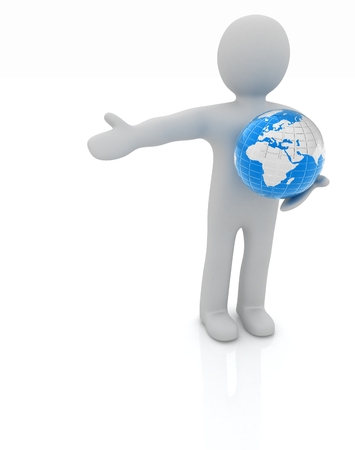 3d people - man, person presenting - pointing. Global concept with earthの写真素材