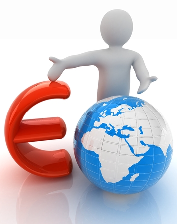 3d people - man, person presenting - euro with global concept with Earthの写真素材