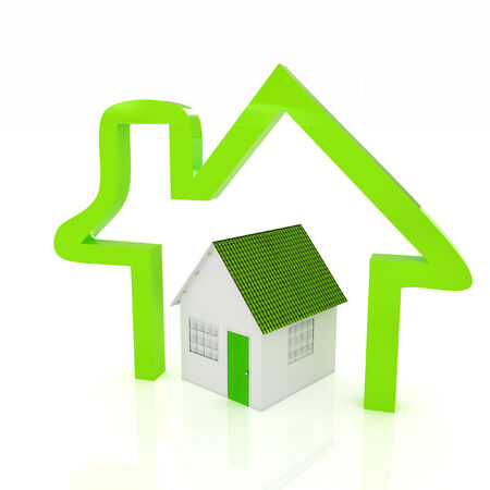 3d green house and icon house on white background の写真素材