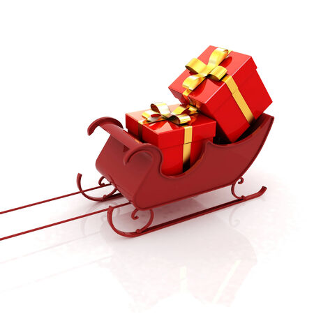 Christmas Santa sledge with gifts on a white background の写真素材