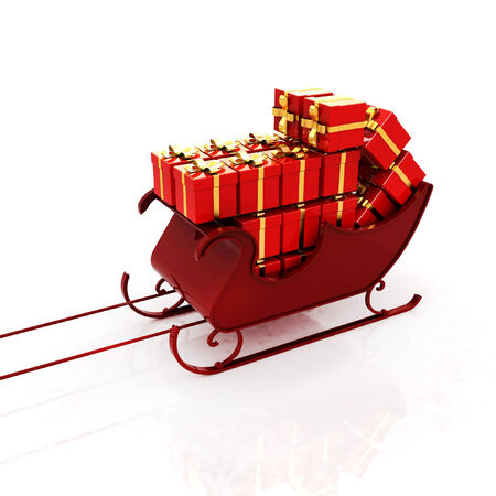 Christmas Santa sledge with gifts on a white background の写真素材