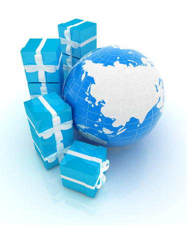 Traditional Christmas gifts and earth on a white background. Global holiday concept の写真素材