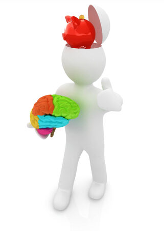 3d people - man with half head, brain and trumb up. Saving concept with piggy bank の写真素材