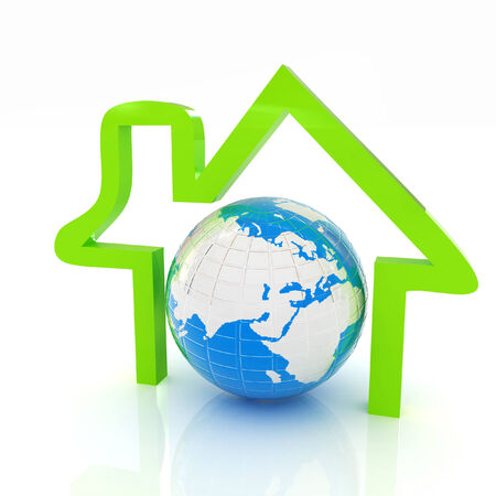 3d green icon house, earth on white background の写真素材