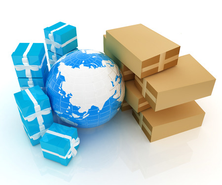 Cardboard boxes, gifts and earth on a white backgroundの写真素材